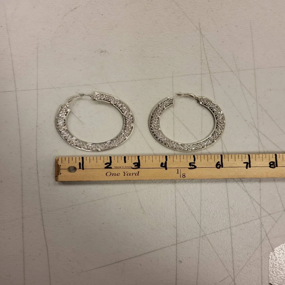 Silver Tone Hoop Earrings Rhinestone Crystal Fashion Jewelry 2‎ Inch Diameter - Picture 2 of 4